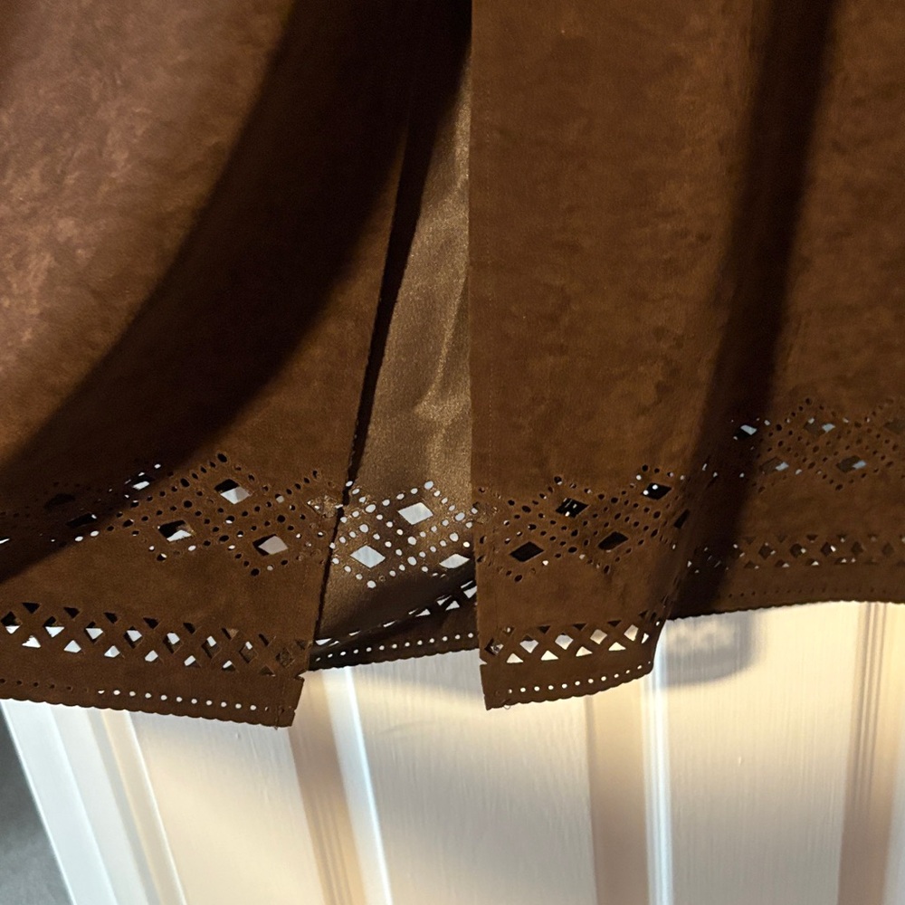 Elegant Sueded Brown Women's Skirt with Laser Cut Detail at Hem - Picture 2 of 7